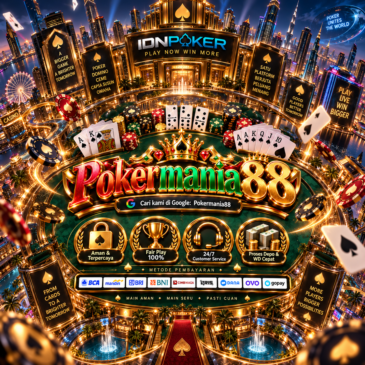 Banner promosi situs poker online terpercaya POKERMANIA88 menampilkan model profesional memegang kartu poker, lengkap dengan informasi keunggulan platform.